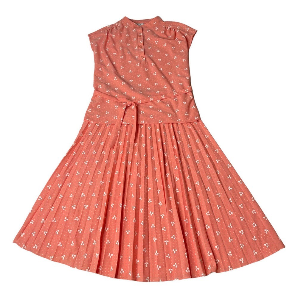 Vintage Marty Gutmacher Peach Polka Dot Floral Pleated Skirt & Blouse Set Sz 12P